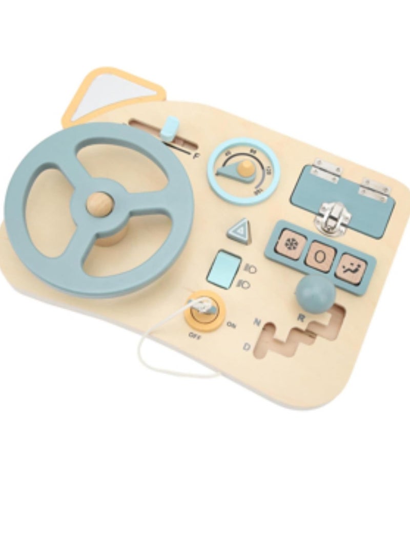 VIVP Kids Driving Simulator, Interactive Steering Wheel Control Panel, Blue and Cream, 29.5cm x 21cm, Educational Learning Dashboard with Gear Shift and Controls - Image 1